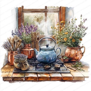 May include: Watercolor illustration of a kitchen scene with a blue teapot on a stove. Copper pots hold lavender, yellow flowers, and wooden spoons. A bag of lavender sits on the stove, and a window is in the background.