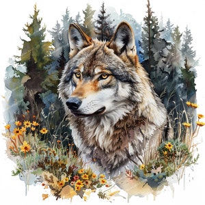 14 Wolf in Summer | Printable Watercolor clipart | High Quality JPGs | Digital download | High resolution | Paper crafts | junk journals