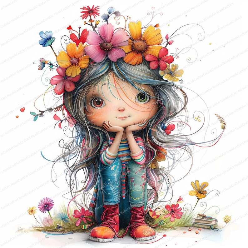 Puede incluir: Una ilustraci&oacute;n colorida de una ni&ntilde;a con el pelo largo y suelto que lleva una corona de flores. Est&aacute; sentada con la barbilla apoyada en las manos y mirando hacia arriba. El fondo es un lienzo blanco con algunas flores y hojas.