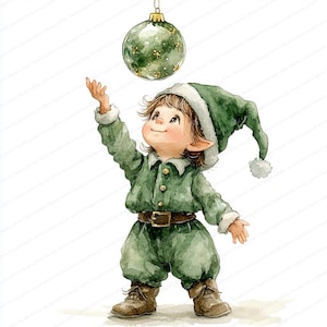 以下が含まれることがあります： 緑色の衣装を着た陽気なエルフが、緑色のクリスマスオーナメントに手を伸ばしている水彩イラスト。エルフは尖った帽子と茶色のブーツを履いています。オーナメントは金色のアクセントで装飾されており、お祝いのテーマを示唆しています。