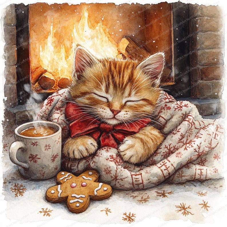 18 Clipart chaton douillet sur une couverture de renne | Chat festif mignon avec illustration d'arc | Clipart aquarelle imprimable | Fichiers JPG de haute qualité image 1