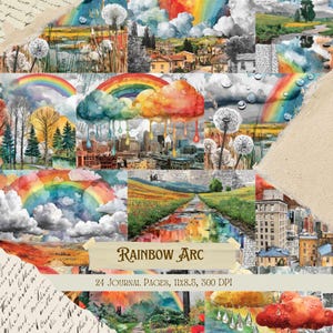 May include: A collage of watercolor illustrations featuring rainbows, cityscapes, and natural landscapes. The text "Rainbow Arc" is displayed on a banner, with details about 24 journal pages, 11x8.5 inches, and 300 DPI.