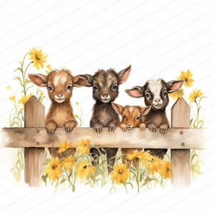 20 lindas cabras en una cerca, imágenes prediseñadas de cabras con flores, archivos JPG de alta calidad, descarga digital, manualidades de papel, decoración de granjas