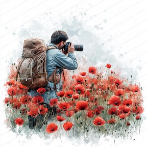 18 Mohnfeld Fotograf Clipart | Blühende Wiese Kunstsammlung | Druckbare Aquarell Clipart | Hochwertige JPGs | Junk Journal