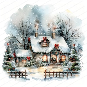 14 Clipart maison de Noël | Art de carte de Noël | Clipart aquarelle imprimable | JPG de haute qualité | Téléchargement numérique | Créations en papier