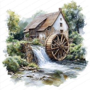 15 Clipart di vecchi mulini ad acqua / Illustrazione di scene di fiume d'epoca / Clipart di acquerelli stampabili / JPG di alta qualità / Artigianato di carta / Diario di spazzatura