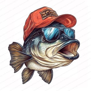 Op de afbeelding: Een cartoonillustratie van een baars die een rode baseballpet draagt met de tekst "FISH" erop en blauwe zonnebrillen. De vis heeft zijn bek open en kijkt naar rechts.