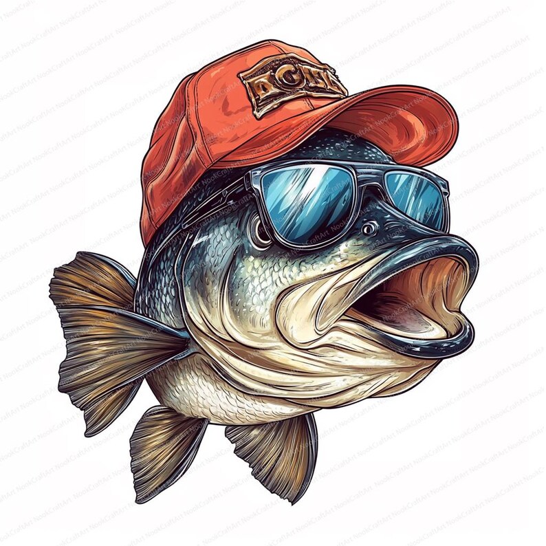 Op de afbeelding: Een cartoonillustratie van een baars die een rode baseballpet draagt met de tekst "FISH" erop en blauwe zonnebrillen. De vis heeft zijn bek open en kijkt naar rechts.