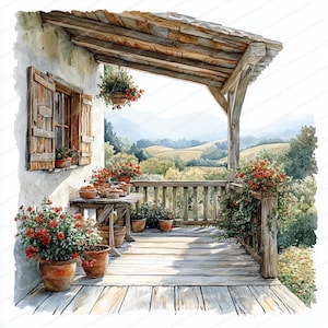 21 bloeiende veranda-afbeeldingen | Idyllisch landschap op het platteland | Afdrukbare aquarel clipart | Hoge kwaliteit JPG's | Papierkunst | Junkjournaal