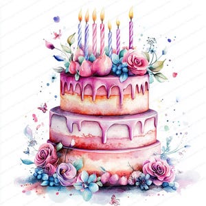 20 Clipart de gâteau d'anniversaire | Illustrations de gâteau de célébration | Clipart aquarelle imprimable | JPG de haute qualité | Décoration de fête | Journal indésirable
