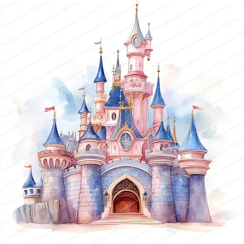 May include: A watercolour painting of a pink and blue castle with multiple towers and spires. The castle has a large arched entrance and is surrounded by a stone wall.