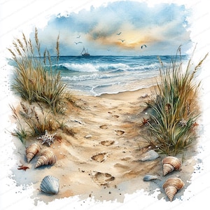 Puede incluir: Pintura a la acuarela de una escena de playa. Un sendero arenoso con huellas conduce al océano. Conchas marinas y estrellas de mar están esparcidas en la arena. Hierba alta enmarca el camino. El océano es azul con olas blancas, y un velero es visible.