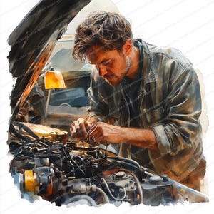 Puede incluir: Pintura a la acuarela de un mecánico trabajando en un motor de coche. El mecánico lleva una camisa gris y está concentrado en la tarea. El capó del coche está abierto y una pequeña lámpara ilumina los componentes del motor. Paleta de colores cálidos.