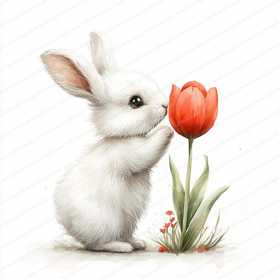 17 Rabbit Sniffing Tulip Clipart | Cute Spring Floral Illustration ...
