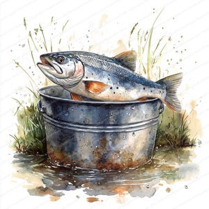 20 imágenes prediseñadas de cubo de pesca / Ilustración de pez lindo / Imágenes prediseñadas de acuarela imprimibles / JPG de alta calidad / Manualidades de papel / Diario basura