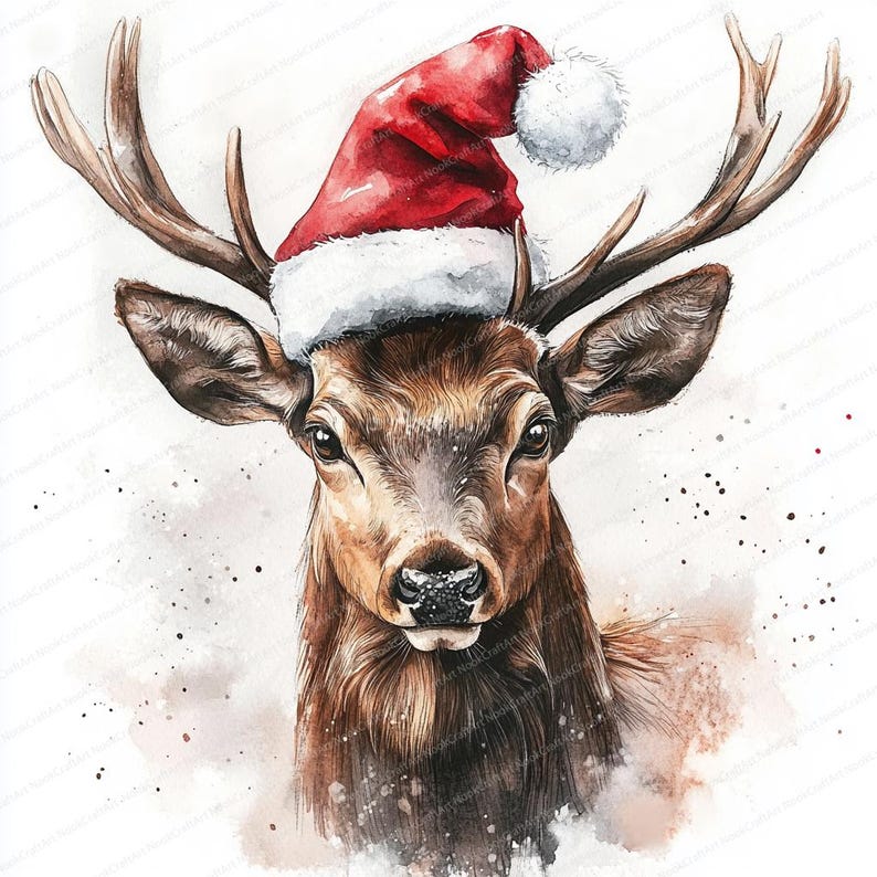 20 Deer With Santa Hat Clipart | Reindeer and Fawn | Watercolor Designs ...