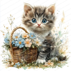 19 花かごを持った子猫のクリップアート | 魅力的な猫と花のデザイン | 印刷可能な水彩画のクリップアート | 高品質のJPG | ペーパークラフト