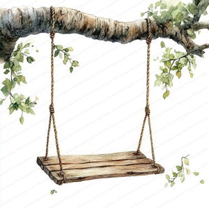 May include: A wooden swing hanging from a tree branch with green leaves. The swing is made of rope and has a wooden seat.