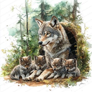 20 imágenes prediseñadas de la familia de lobos / Madre con cachorros cerca de su guarida / Imágenes prediseñadas de acuarela imprimibles / JPG de alta calidad / Manualidades de papel / Diario basura