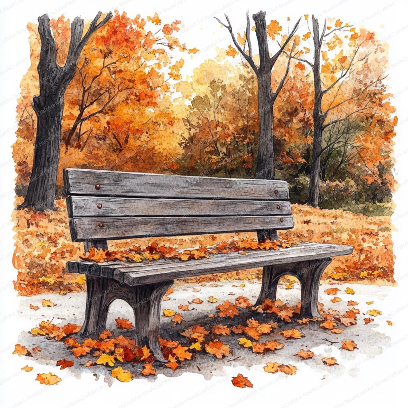 20 Autumn Park Bench Clipart | Rustic Foliage Covered Scene | Printable ...