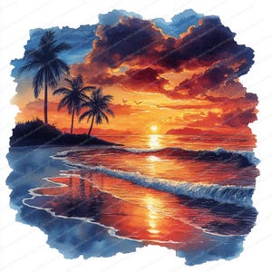 20 Tropikalny Zachód Słońca Plaża Clipart | Egzotyczna Ocean Wieczorna Sztuka | Wydrukowalne Akwarele clipart | Wysokiej Jakości JPG | Rękodzieło papierowe | Dziennik