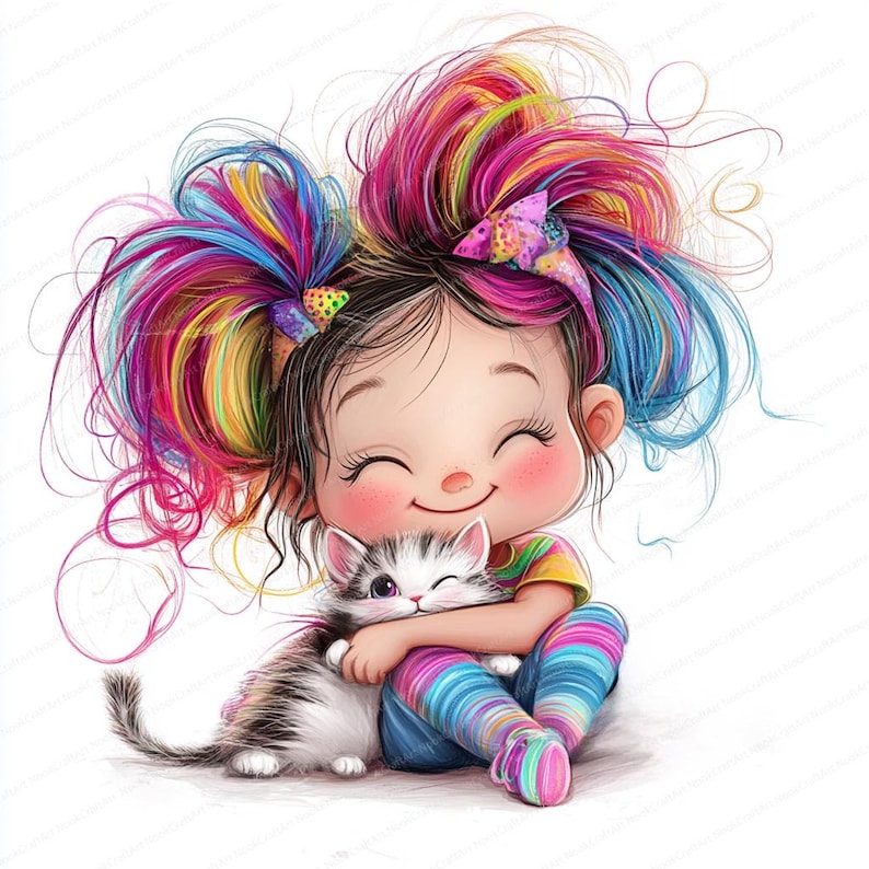May include: A young girl with rainbow hair is smiling and hugging a black and white kitten. She is wearing colorful striped socks and a yellow shirt.