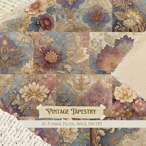 May include: A collage of vintage-style journal pages with floral and damask patterns in muted tones of blue, gold, and purple. The text "Vintage Tapestry" and "22 Journal Pages, 11x8.5, 300 DPI" are visible.