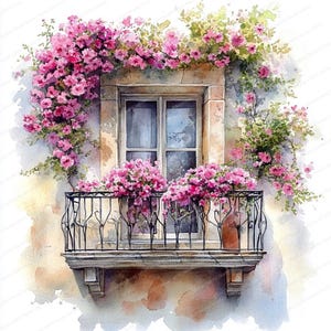 20 Clipart di balconi primaverili ad acquerello / Clipart di case primaverili / JPG di alta qualità / Download digitale / Lavori di carta / Diario di scarto