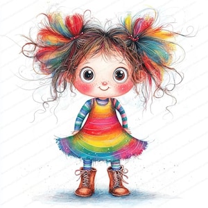 Illustraties klein meisje met krullend haar | 14 hoge resolutie aquarel jpg's | Afdrukbare aquarel clipart | Digitale download | Papierkunst