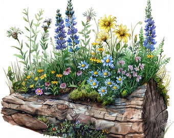 15 fiori su un tronco / Clipart fiori / Clipart acquerello stampabile / JPG di alta qualità / Download digitale / Artigianato di carta / diario spazzatura