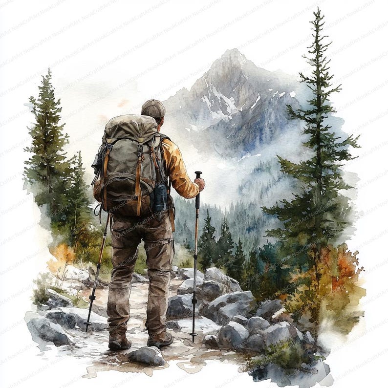 May include: Watercolor painting of a hiker with a large backpack and hiking poles, standing on a rocky path. The hiker is facing a mountain range with a misty, forested valley. The artwork features muted earth tones.