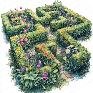 20 Clipart Labyrinthe De Jardin | Sentiers de haie fleurie | Clipart aquarelle imprimable | JPG de haute qualité | Créations artisanales en papier | Journal indésirable