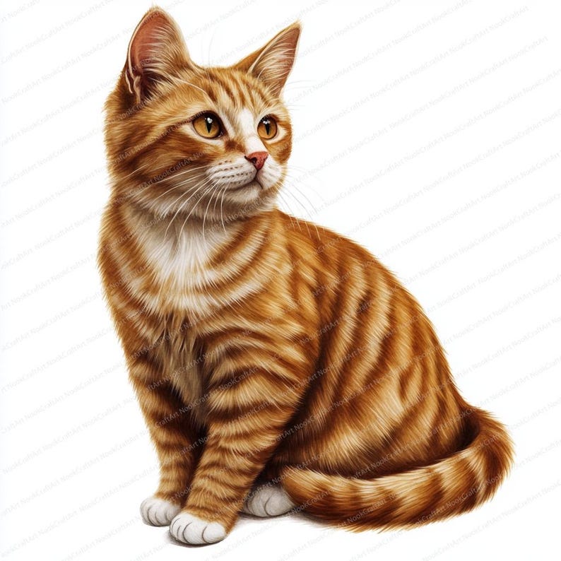 May include: A close-up of a ginger tabby cat sitting with its head turned to the side, looking off to the right. The cat has white fur on its chest and paws.