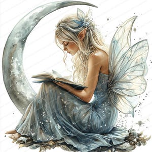 May include: Watercolor illustration of a fairy with long blonde hair, pointed ears, and large, translucent wings. She is seated on a crescent moon, reading a book. The fairy wears a flowing blue dress with sparkling accents, creating a whimsical and ethereal scene.