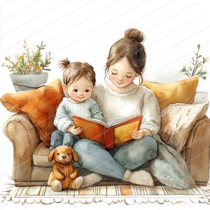 14 Mutter und Kind lesen Clipart | Gemütliche Familienzeit Illustration | Druckbare Aquarell Clipart | Hochwertige JPGs | Papierhandwerk