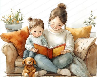 14 母と子の読書クリップアート | 心地よい家族の時間のイラスト