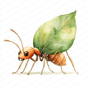 20 Clipart de formiga carregando folha | Gráfico vetorial inspirado na natureza | Clipart de aquarela para impressão | JPGs de alta qualidade | Artesanato em papel | diário