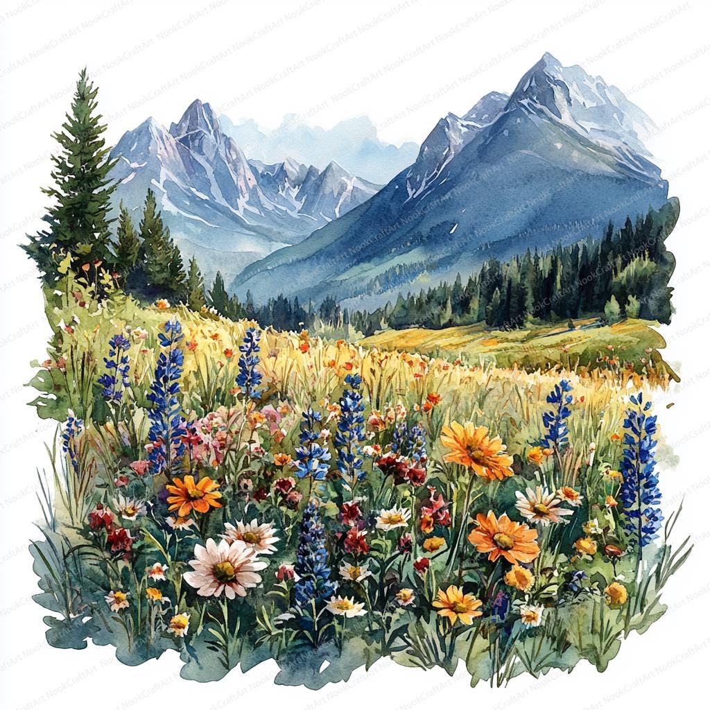 20 野生の花畑のクリップアート | 花が咲く山のイラスト | 印刷可能な