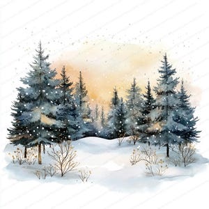 14 choinek Clipart | Zimowa scena świąteczna | Wydrukowalne akwarelowe clipart | Wysokiej jakości JPG | Pobieranie cyfrowe | Rękodzieło papierowe