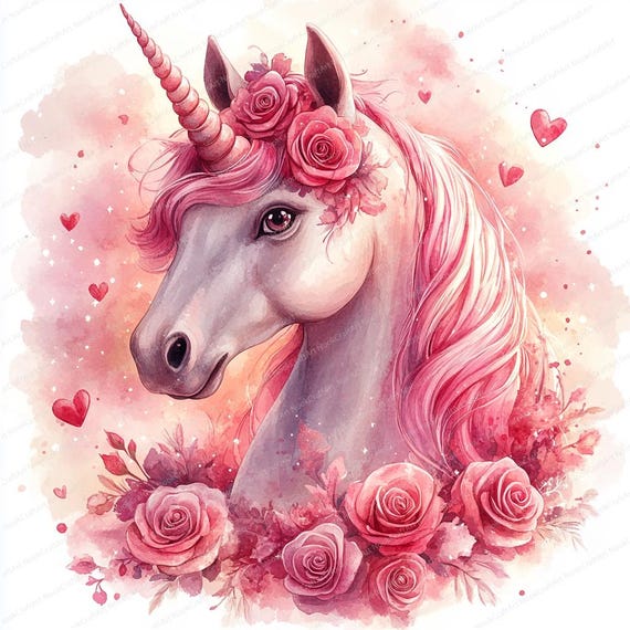 13 Unicorn With Rose and Heart Mane Clipart | Magical Whimsical