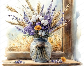May include: Watercolor painting of a floral arrangement in a glass jar. The bouquet includes lavender, cotton, wheat, and yellow flowers. The jar sits on a wooden windowsill with a rustic window frame in the background. The overall theme is a farmhouse aesthetic.