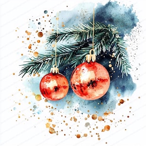 20 Clipart de Cartão de Natal | Bolas de Natal Vermelhas e Azuis | Clipart de Aquarela para Imprimir | JPGs de Alta Qualidade | Download Digital | Artesanato em Papel
