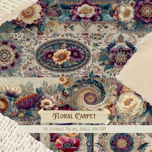 Pode incluir: Uma colagem de desenhos florais em tons de roxo, verde-azulado e creme. A imagem apresenta uma variedade de padrões florais, incluindo grandes flores e intrincados motivos semelhantes a tapetes. O texto diz "FLORAL CARPET" e "24 PÁGINAS DE DIÁRIO, 27,9x21,6cm, 300 DPI".