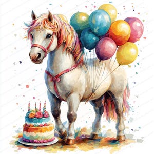 17 Horse Party Clipart | Cake and Balloons Design | Printable Watercolor clipart | High Quality JPGs | Paper craft | Junk journal
