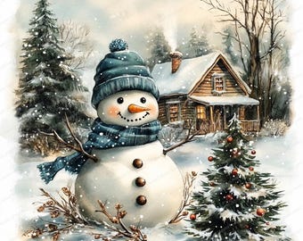 Può includere: Illustrazione ad acquerello di un pupazzo di neve in una scena invernale innevata. Il pupazzo di neve indossa un cappello e una sciarpa blu, un naso a carota e braccia di ramoscelli. Un albero di Natale decorato e una baita sono sullo sfondo, con neve che cade.