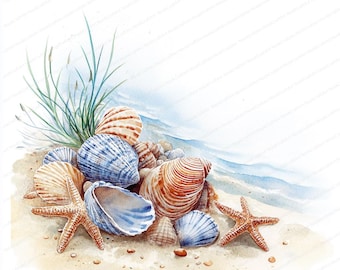 14 Coastal Shells Illustrations Clipart | Seashell Clipart | Printable Watercolor clipart | High Quality JPGs | Paper craft