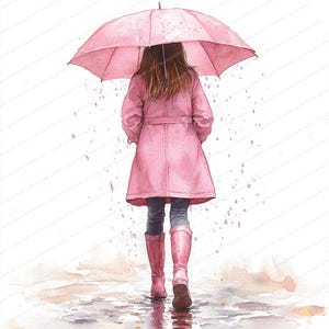 14 Meisje in roze regenjas Clipart | Leuke regenachtige dagillustratie | Afdrukbare aquarel clipart | Hoge kwaliteit JPG's | Papierkunst | dagboek
