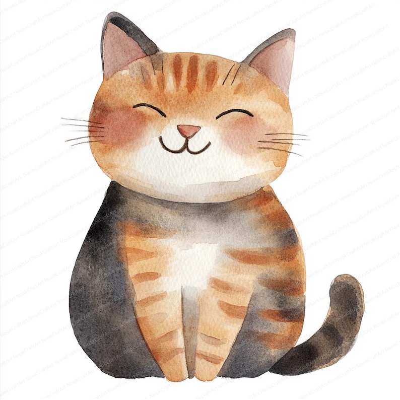 May include: A watercolor painting of a smiling orange and black tabby cat sitting with its tail curled around its legs.