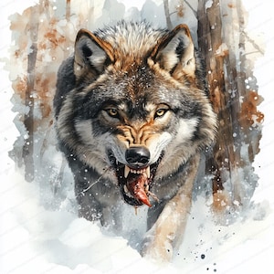 17 Clipart di lupo con preda / Illustrazione artistica di animali selvatici / Clipart di acquerelli stampabili / JPG di alta qualità / Carta artigianale / Diario di scarto