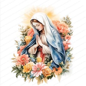 Imágenes prediseñadas de la Virgen María en oración en acuarela / Ilustraciones de Nuestra Señora de Fátima / Santa María / Católica / Imágenes prediseñadas de acuarela imprimibles